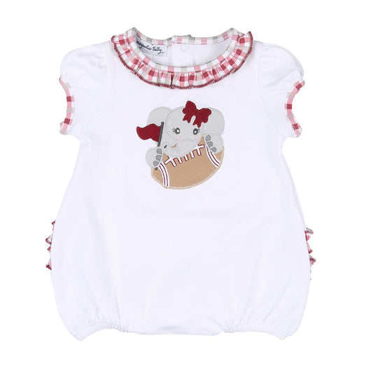 Magnolia Baby Elephant Football Applique Red Girl Ruffle S/S Bubble