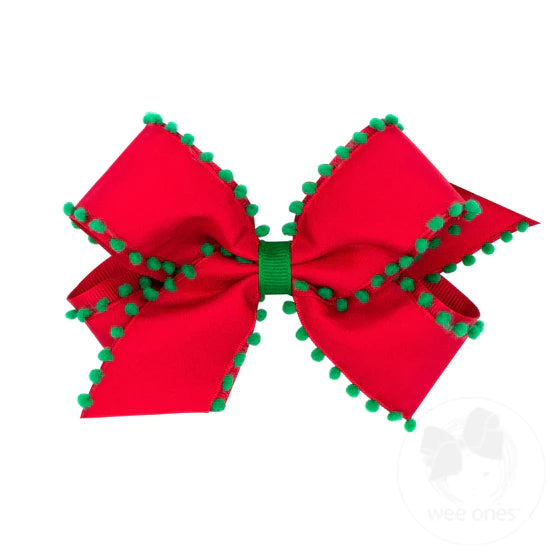Wee Ones Medium Holiday Style Pom-Pom Edge Grosgrain Overlay Girls Hair Bow