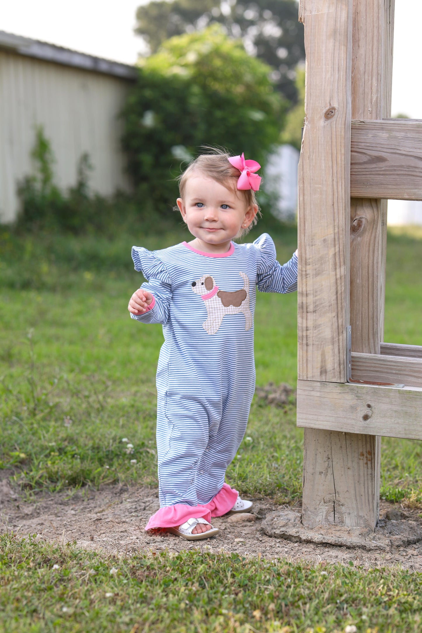 Trotter Street Girls Dog Applique Ruffle Romper