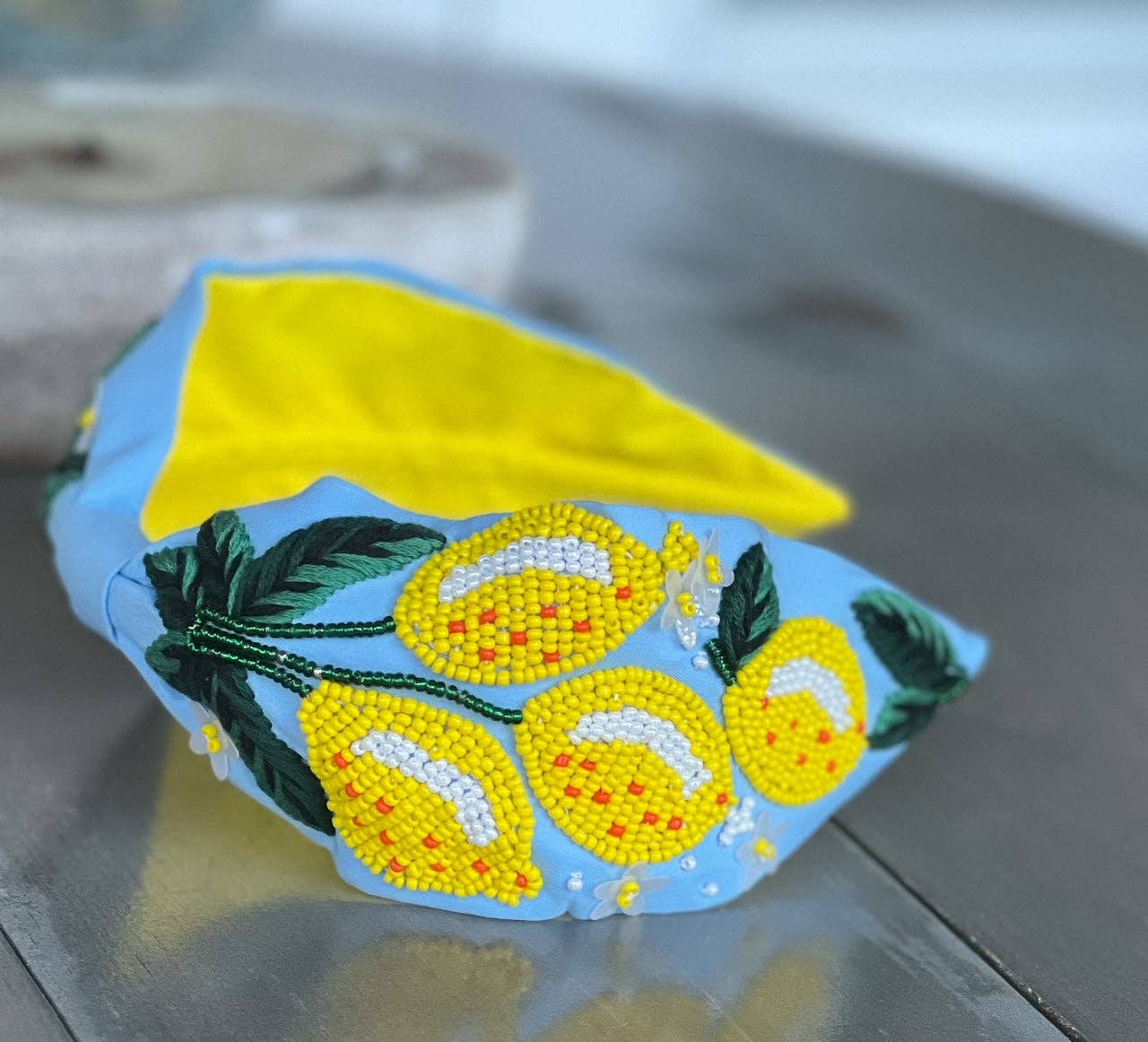 Lemons and Flowers Seed Beaded Top Knot Headband