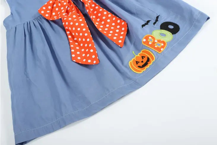 Lil Cactus Denim Blue Halloween Boo Dress with Big Bow