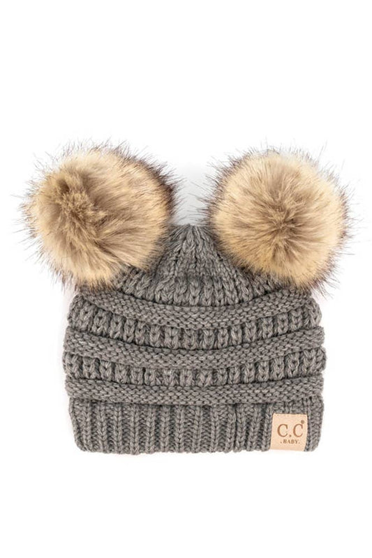C.C Solid Ribbed Infant Natural Fur Double Pom Pom Beanie