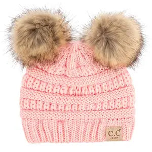 C.C Solid Ribbed Infant Natural Fur Double Pom Pom Beanie