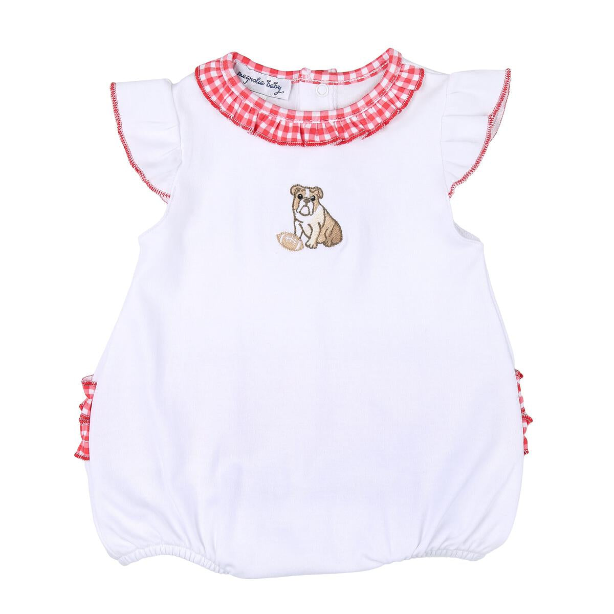 Magnolia Baby Bulldog Football Red Emb Ruffle Flutters Bubble