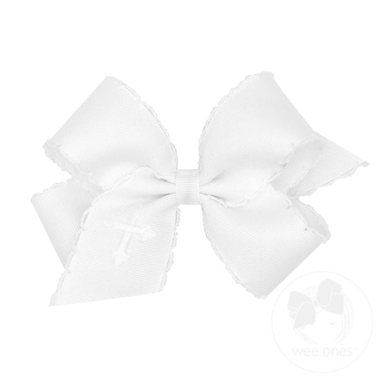 Wee Ones Medium White Easter Cross Embroidery Bow