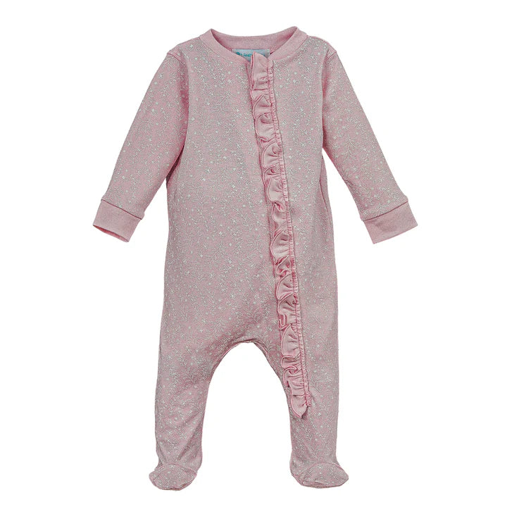 Feather Baby Zipper Footie w/Ruffle - Maeve on Orchid Pink