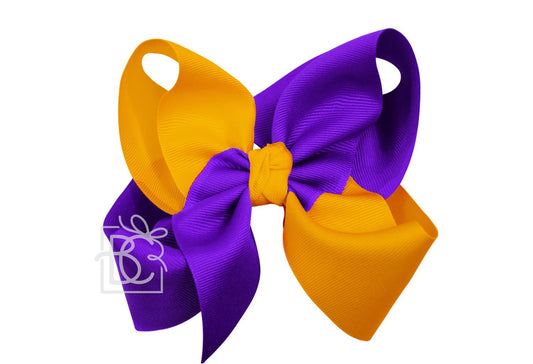 Criss-Crossed Jumbo Two-Color School Bow on Clip - Yellow/Purple