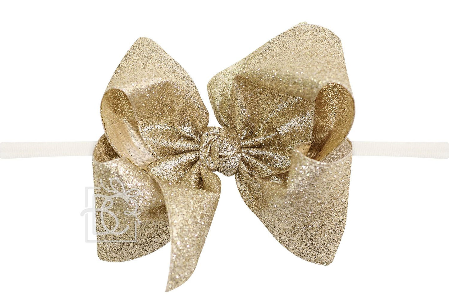 Beyond Creations’ Quarter Inch Pantyhose Headband with Glitter Metallic Bow - Champagne