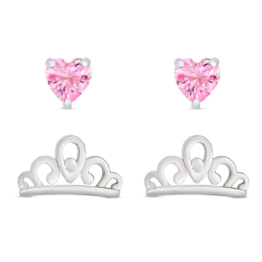 Lily Nily Princess Tiara & Pink Heart Stud Set - Sterling Silver