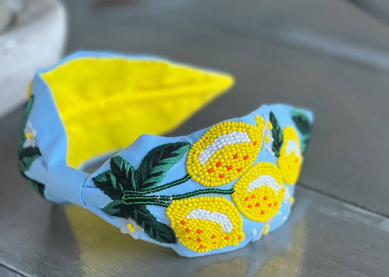 Lemons and Flowers Seed Beaded Top Knot Headband