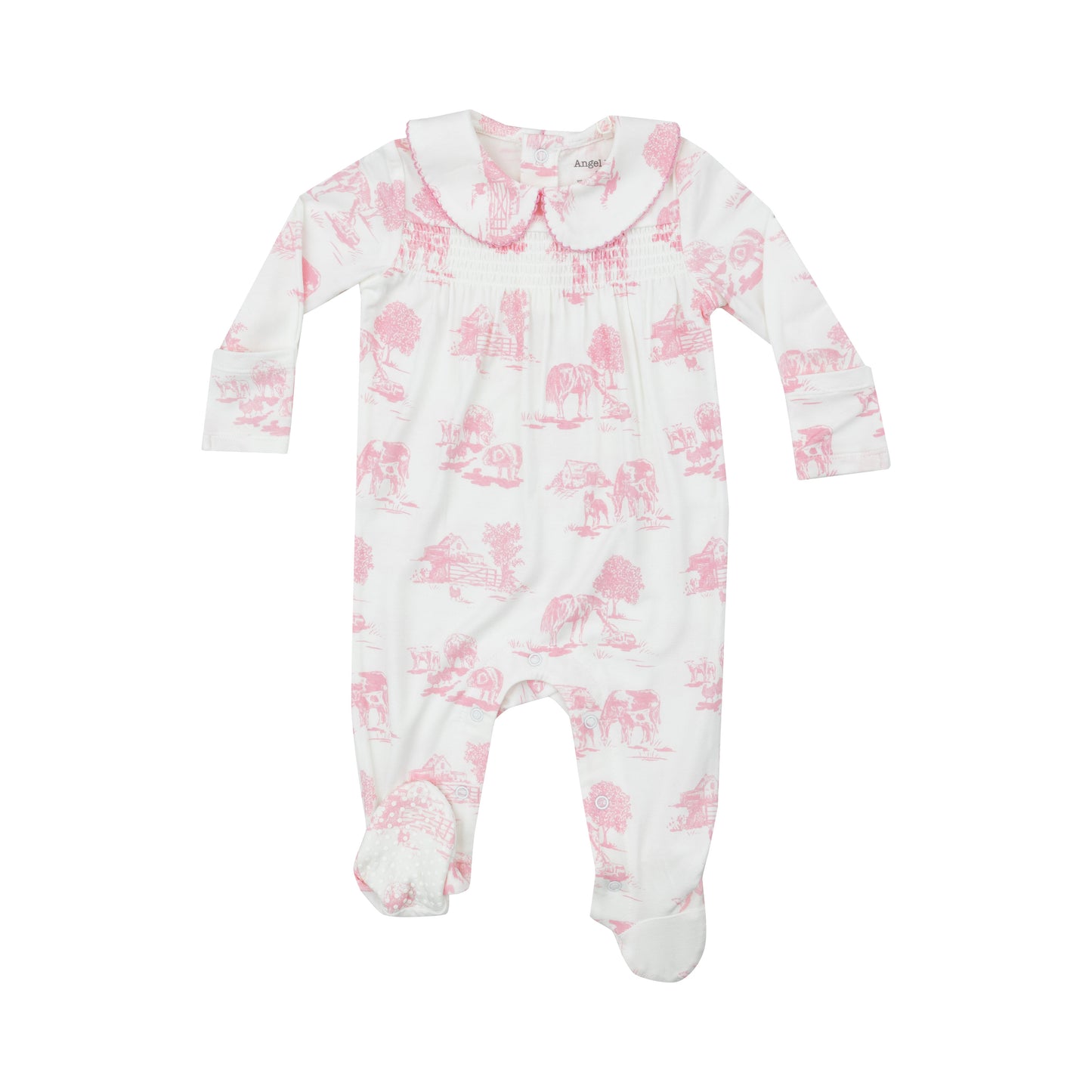 Angel Dear Farm Toile Pink Smocked Zipper Footie