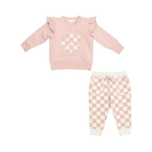 Angel Dear French Terry Checkerboard Pink - Sweatshirt & Jogger