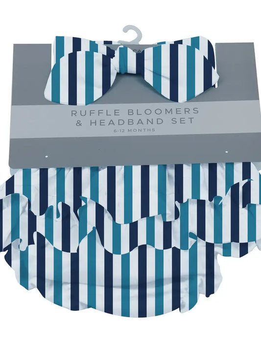 Blue & White Stripe Ruffle Bloomers and Headband Set