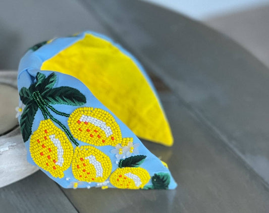 Lemons and Flowers Seed Beaded Top Knot Headband