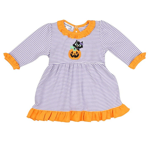 Magnolia Baby Pumpkin Kitty Applique LS Dress